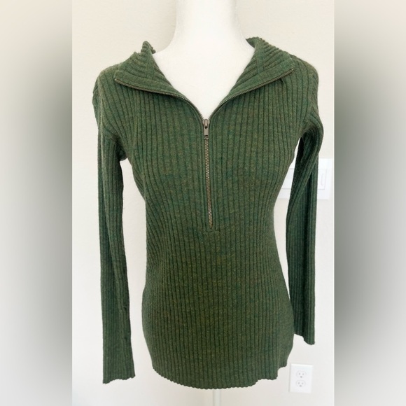 Free People Green Ribbed Hooded Half Zip Sweater Sz M - Picture 1 of 4